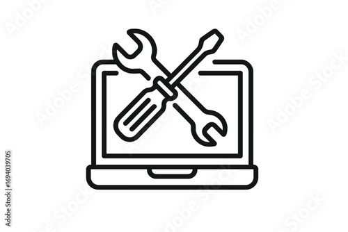 Laptop repair service icon. Computer maintenance and tech support concept. Vector line symbol for IT services, diagnostics, and technical assistance. Fix notebook graphic.