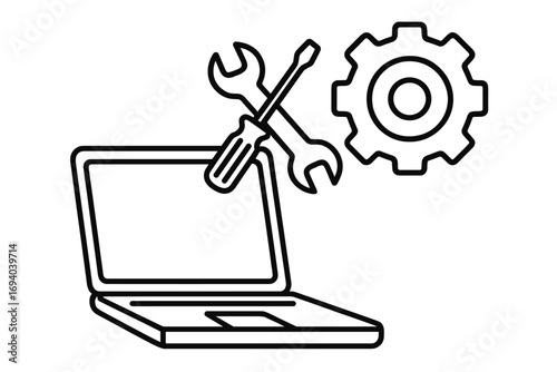 Laptop repair service outline icon. Computer technical support symbol. PC maintenance concept. Notebook, tools for diagnostics. IT service gear sign. Settings and configuration.