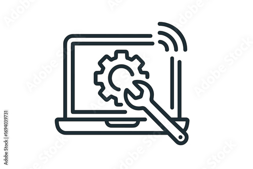 Laptop repair service icon. Computer technical support and maintenance concept. Wrench and gear symbol for settings or configuration. Outline vector for web and app design.
