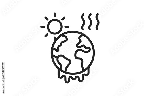 Global warming concept vector line icon. Melting earth planet illustration. Climate change, hot weather, and heat from sun. Environmental disaster and ecology problem symbol.