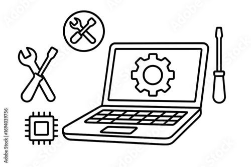 Laptop repair service outline icon set. Computer maintenance and tech support concept. Fixing notebook hardware with tools. PC diagnostics, gear, screwdriver, wrench, CPU chip.