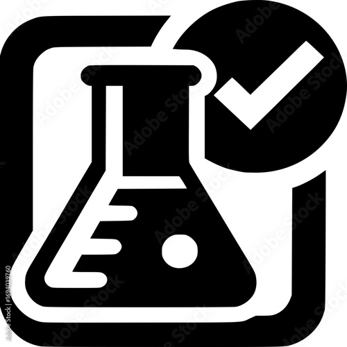 Black and White Icon of a Beaker with a Checkmark, Representing Science, Laboratory, and Quality Assurance