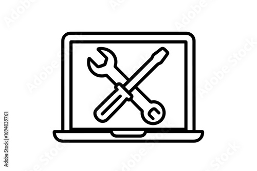 Laptop repair icon, computer service symbol. Technical support, pc maintenance concept. IT help desk with wrench and screwdriver tools for fixing, configuration and setup.