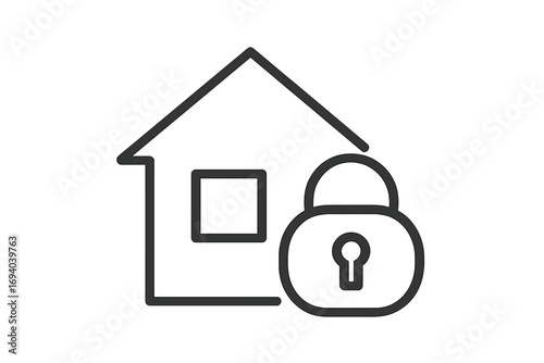 Home security line icon with house and padlock. Concept for property protection, safety, insurance. Real estate safeguard symbol. Private access, secure building vector logo.