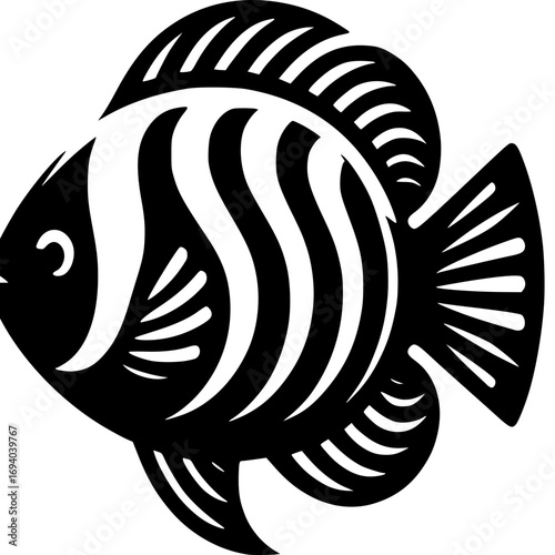 Monochromatic stencil art of a decorative angelfish with flowing stripes. An isolated black silhouette on a white background representing marine life