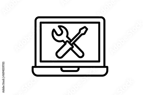 Laptop repair icon, computer service symbol. Technical support, IT help, pc maintenance. Tools, wrench, screwdriver for setup, configuration, troubleshooting. Vector outline.