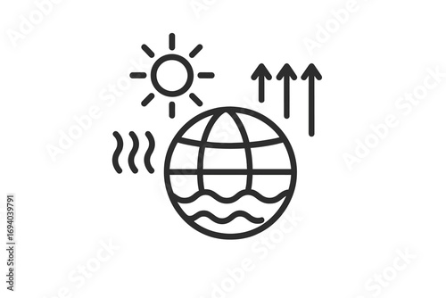 Global warming vector icon. Climate change, planet heating, greenhouse gas effect concept. CO2 emission, sea level rise metaphor. Ecology problem, environmental disaster line art.