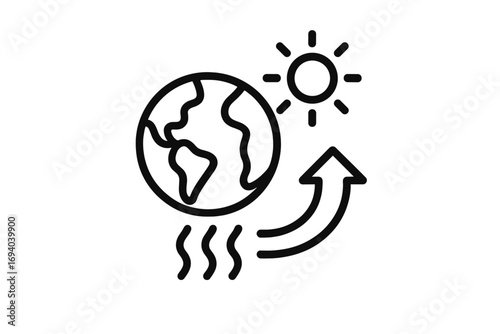 Global warming and climate change icon. Greenhouse effect concept with planet earth, sun, and heat wave. Environmental pollution and ecological disaster symbol. Thin line vector.