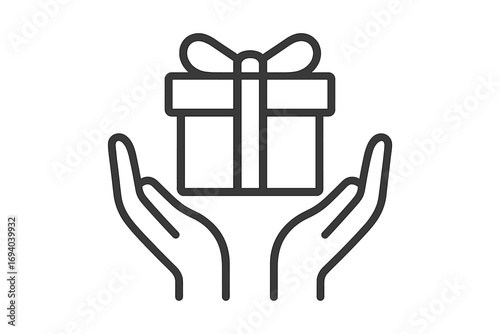 Hands holding gift box outline icon. Concept of giving a present, charity, donation, or support. Bonus or reward vector illustration for web and graphic design.