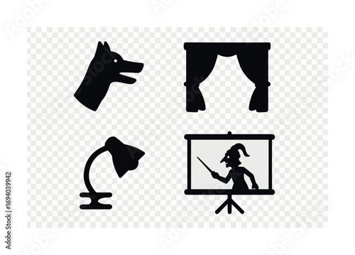 Silhouettes: dog, curtains, lamp, and puppet show with transparency