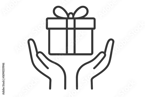 Hands holding gift box line icon. Symbol for giving, receiving a present, surprise. Concept of charity, donation, care, and support. Vector logo for birthday, bonus, loyalty program.