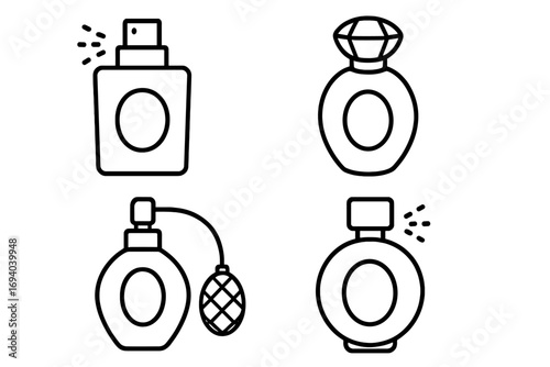 Perfume bottle line icon set. Vector collection of fragrance, spray, and atomizer bottles. Simple outline illustration for beauty, cosmetics, and graphic design concepts.
