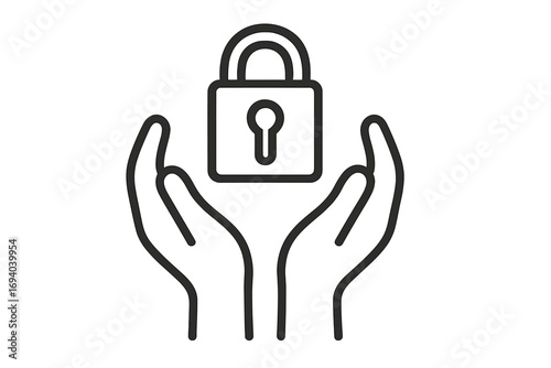 Hands holding a padlock line icon. Concept for security, safety, and protection. Data privacy, information security, access control. Guarding confidential private information.