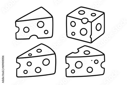Cheese vector line icon set. Simple outline cartoon illustration of swiss cheese wedge, slice, and block. Minimalist food graphic for dairy concepts, apps, and logos.
