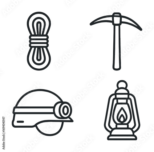 Mining equipment icons: rope, pickaxe, helmet with headlamp, lantern