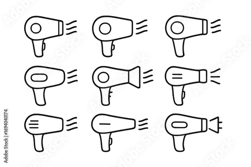Hair dryer line icon set. Blow dryer outline symbol collection for beauty salon. Hairdressing appliance pictogram for web design, apps, and graphic elements. Vector illustration.