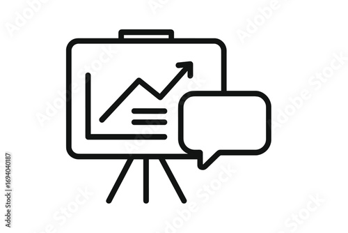 Business presentation on a flip chart with a growth graph and speech bubble. Concept for financial reports, data analysis, marketing strategy, success, and communication.