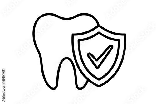 Dental protection vector icon. Tooth with shield and check mark. Concept for dental insurance, oral hygiene, and health care. Approved dentistry symbol for strong teeth.