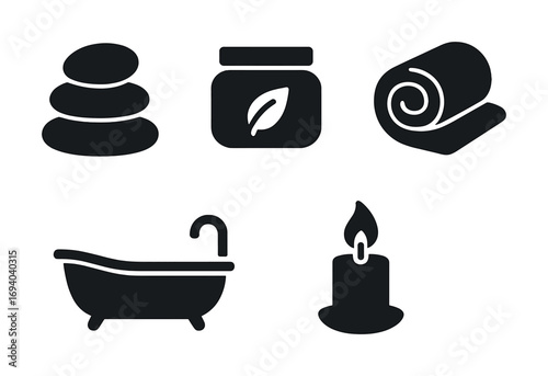Spa symbols: stones, cream, mat, bathtub, candle icons for relaxation and wellness