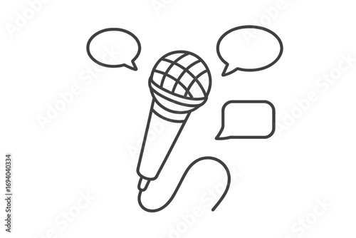 Microphone with speech bubbles vector line icon. Concept for communication, interview, podcasting, or public speaking. Broadcast, discussion, and voice recording symbol.