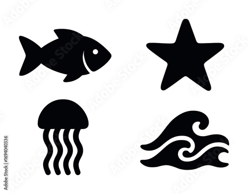 Ocean icon set: fish, starfish, jellyfish, and waves silhouettes