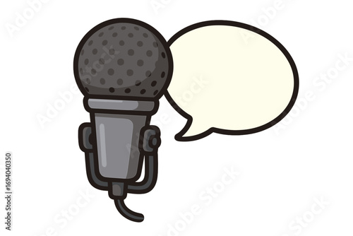 Vector microphone with speech bubble illustration. Concept for podcast, interview, broadcast, or public speaking. Audio recording, voice announcement, and communication symbol.