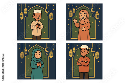 Set of Ramadan Fashion Social Media Post Designs, Cartoon Vector Illustrations with Transparent Background, Stylish Muslim Characters, Islamic Lanterns, Crescent Moon, Festive Eid Celebration Concepts
