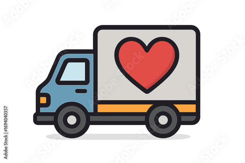 Delivery truck with heart icon. Love, care, charity shipping concept. Logistics, transport, and freight service for donations. Humanitarian aid vehicle. Valentine's Day delivery.