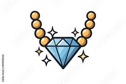 Shining diamond necklace with sparkling gemstones, luxury jewelry vector illustration, glamorous gold beads and radiant blue diamond, elegant gem accessory design, sparkling gems logo