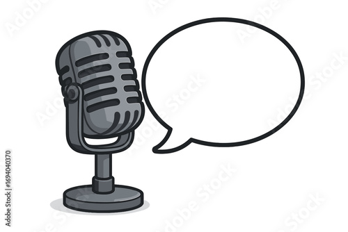 Vintage microphone with speech bubble for podcast or broadcast. Retro mic for radio show, interview, announcement. Communication concept vector. Voice recording, talk show icon.