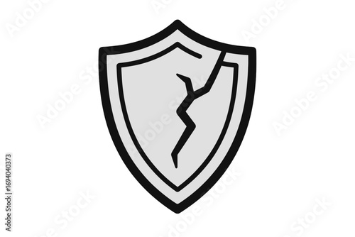 Cracked shield icon vector. Broken protection and security concept. Metaphor for vulnerability, data breach, risk and danger. Unsafe defense symbol. Damaged guard.