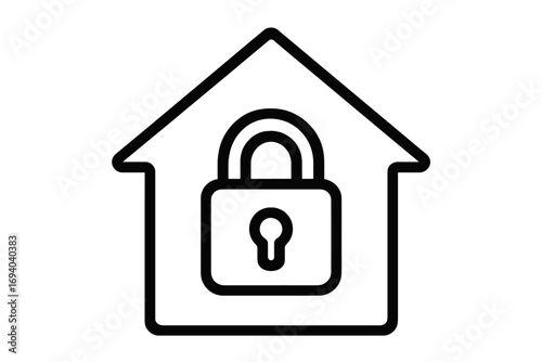 Home security concept with house and padlock outline icon. Property protection, real estate safety symbol. Secure building, smart home pictogram. Insurance and privacy metaphor.