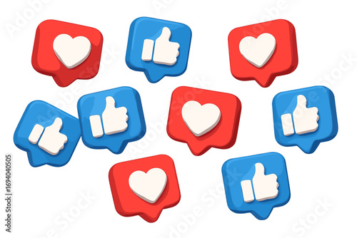 Social media 3D like and love icons background, vector cartoon illustration with transparent background, ordered set of thumbs up and heart symbols, digital engagement concept