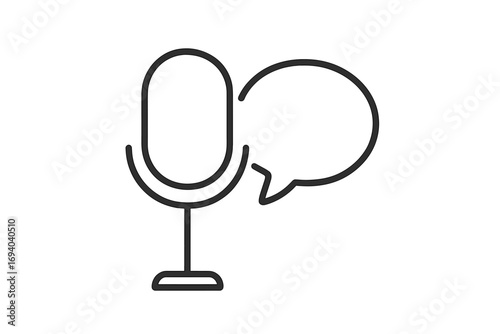 Podcast microphone with speech bubble line icon. Concept for interview, radio show, or broadcast. Voice recording, public speaking, and communication vector symbol. Audio talk.