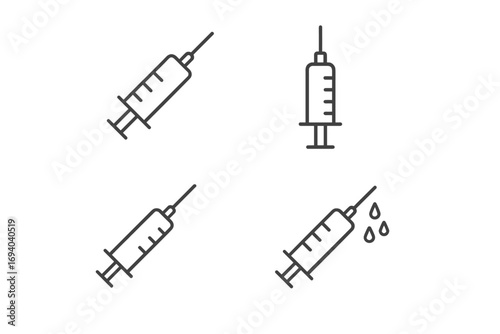 Syringe line icon set for medical and healthcare concepts. Vaccine, injection, immunization, and treatment symbols. Minimalist vector pictograms for web and graphic design.
