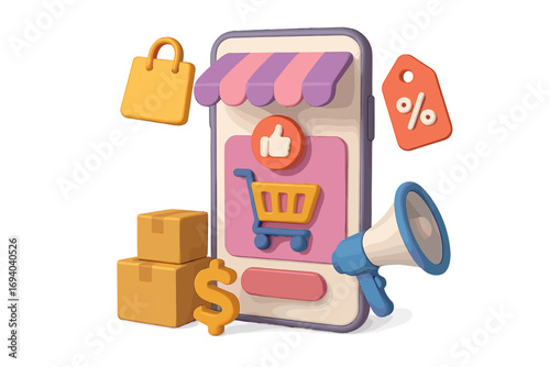 Smartphone online shopping marketing 3D illustration with shopping cart, discount tag, delivery package, megaphone, dollar sign, and shopping bag icons for e-commerce concept