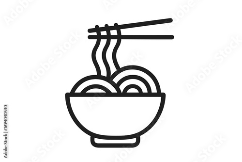 Noodle bowl icon, ramen with chopsticks. Minimalistic thin line art for Asian food logo. Japanese, Chinese cuisine symbol for web, app design. Vector illustration.
