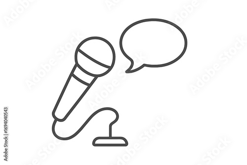 Microphone and speech bubble vector icon. Public speaking, interview, or podcast concept. Communication, voice, and announcement symbol. Editable stroke thin line illustration.