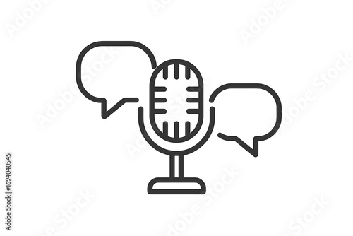 Microphone with speech bubbles icon for podcast, interview, or broadcast. Communication concept for talk show, voice recording, or streaming. Vector line art illustration.
