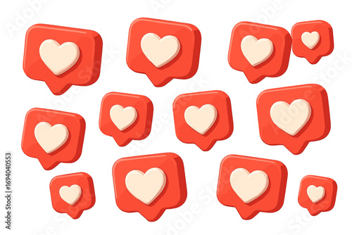 Social media 3D like and love icons background, red heart notification symbols, vector cartoon illustration with transparent background, ordered set of interactive digital reactions