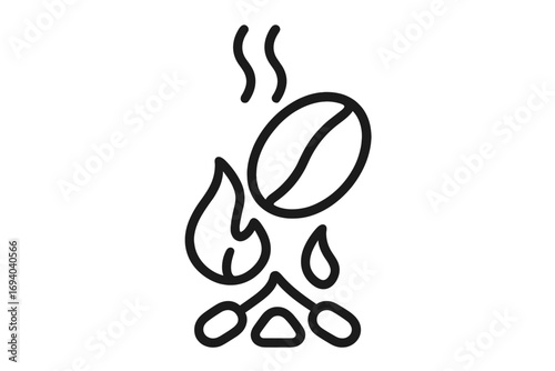 Coffee bean roasting over open fire line icon. Minimal vector graphic for cafe logo, web, apps. Concept of fresh roast, aroma, caffeine, hot beverage, morning energy.