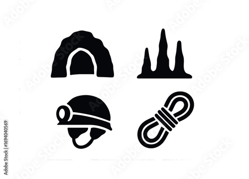 Cave exploration icons: helmet, spelunking gear, cave entrance, stalagmites