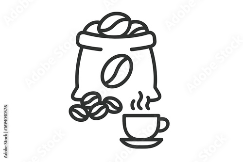 Coffee line icon with beans in a sack and a hot cup of espresso. Minimalistic vector symbol for cafe menu, morning energy boost, caffeine drink, and coffee break concept.