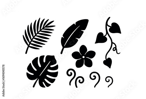Botanical silhouettes: tropical leaves, vines, flower, and spirals assortment