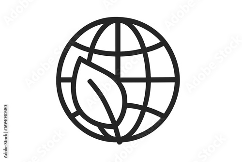 Eco-friendly globe icon with leaf overlay, environmental protection symbol, sustainable earth design for graphic and web projects, vector outline illustration, green nature concept