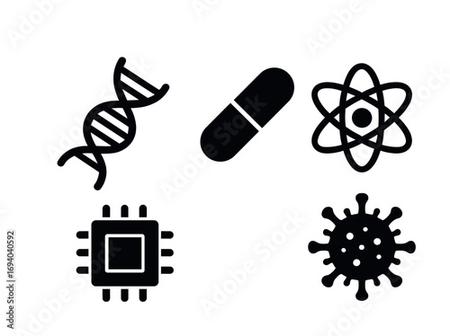 Icons representing dna, capsule, atom, microchip, and virus