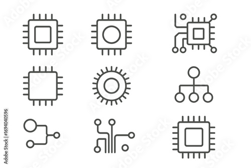 Chip and scheme line icon set. CPU, processor, circuit board symbols. Vector collection for technology, hardware, AI, and computer science. Minimalist editable stroke icons.