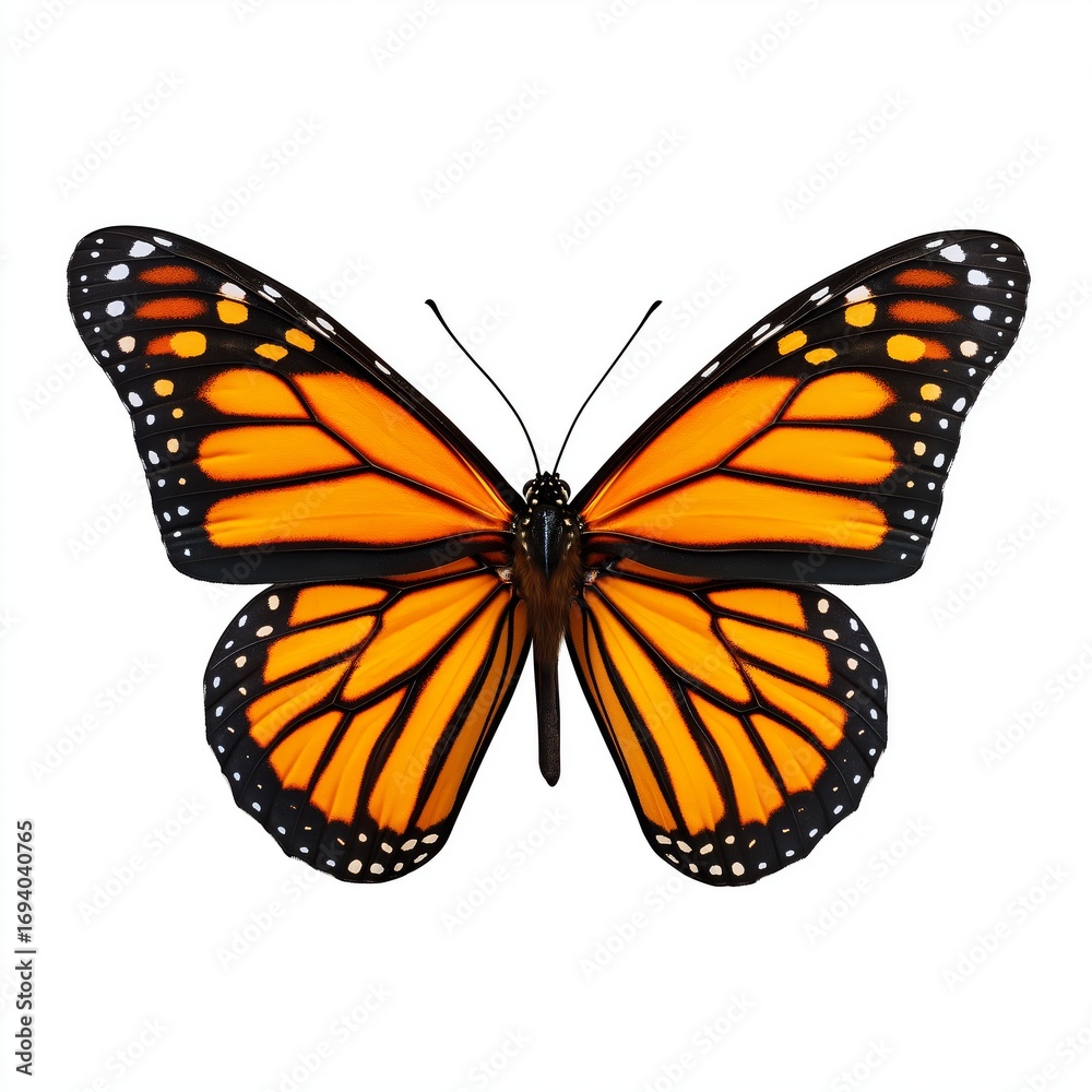 Obraz premium Vibrant monarch butterfly with striking orange and black wings, showcasing intricate patterns and delicate features, perched gracefully against a clean white background, ideal for nature enthusiasts