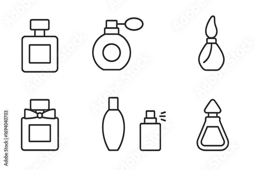 Perfume bottle line icon set. Fragrance, scent, and cosmetic container collection. Minimalistic linear pictograms for web and graphic design, apps, and beauty symbols.