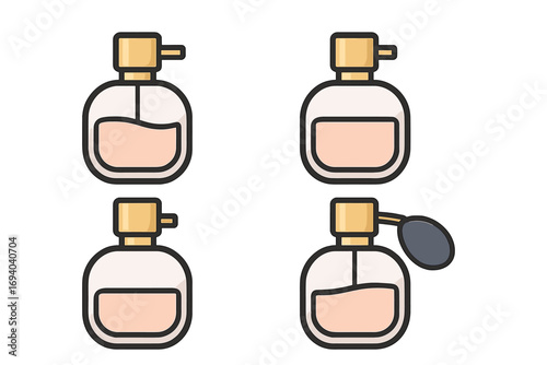 Perfume icon set vector illustration. Fragrance bottle collection with sprayer and atomizer. Beauty cosmetic concept for graphics and logo design. Scent liquid in glass flacon.